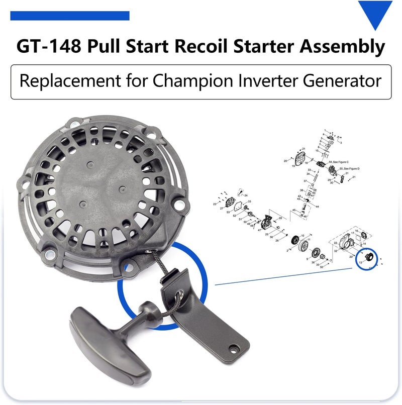 TUTUSIA 100075051-0001 Recoil Starter Assembly fit for Pulsar PG2300iS 2300W GT-148 Pull Start 636996002 Replacement for Champion 2500W Inverter Generator Model #201122 for Ryobi RYi2300BTA RYi2300 RYi2300BT - Image 2
